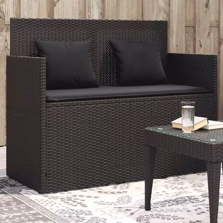 vidaXL Panca da Giardino Moderna in Polyrattan Nera con Cuscini e Braccioli L: 120 cm, H: 90,5 cm, P: 50 cm