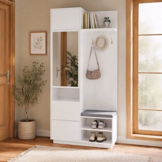 Set di mobili da ingresso MIVRAY bianco con specchio, seduta imbottita, ganci e scarpiera L: 90 cm, P: 34.5 cm, H: 190 cm