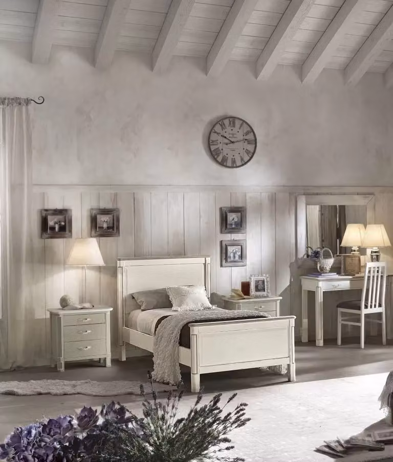 Set camera da letto completa in legno massello stile shabby chic Mobili 2G con struttura letto, armadio e comodino laccato disponibile in bianco, grigio o verde