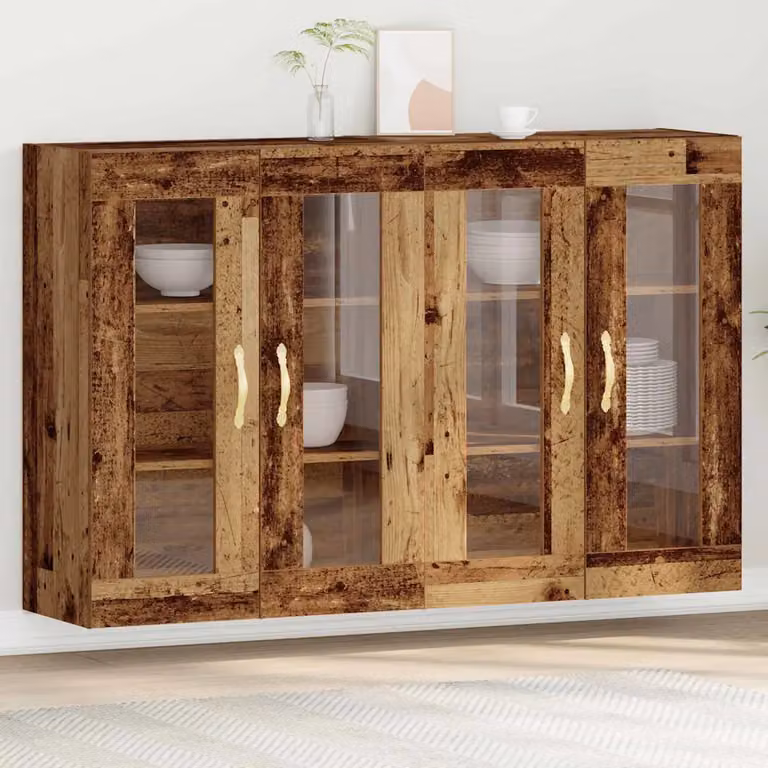 Set di 2 armadi da parete vidaXL in legno effetto antico marrone con ante in vetro e ripiani interni L/P/H: 69,5 x 34 x 90 cm