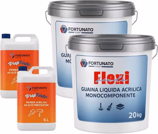 Soluzione professionale impermeabilizzante Prepforte + Flexiscudo per la protezione delle superfici, membrana liquida acrilica a base acquosa, colore bianco e multicolore, confezione da 20 kg + 5 l