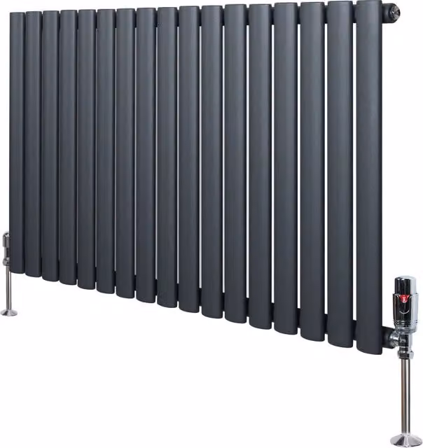 Radiatore Orizzontale Ovale Monstershop in Acciaio Grigio Antracite con Valvole Termostatiche e Staffe di Fissaggio L: 102 cm, H: 60 cm