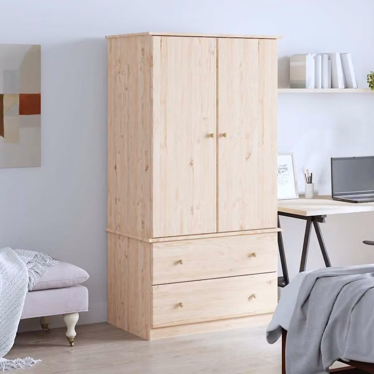 Armadio in legno di pino massello vidaXL con cassetti integrati e ante a battente, stile rustico, marrone e beige, L: 90 cm, P: 55 cm, H: 170 cm