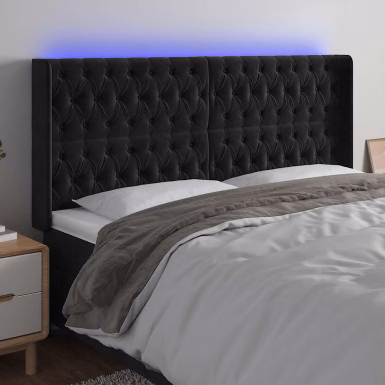 Testiera a LED vidaXL in Velluto Nero con Porte USB, L: 203 cm, P: 16 cm, H: 118/128 cm