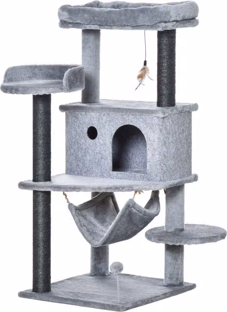 Albero Tiragraffi per Gatti PawHut con Casetta, Amaca e Giochi Integrati, Grigio, L/P/H: 48 x 48 x 107 cm