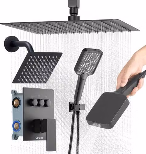 Set Doccia VEVOR con Sistema a Pioggia da 30,4 cm, Soffione a Parete, Doccetta e Valvola in Ottone, Nero Opaco