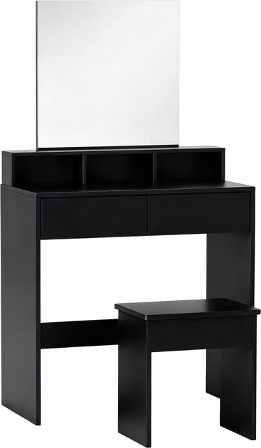 Tavolo da Trucco HOMCOM con Specchio, 3 Ripiani, 2 Cassetti e Sgabello in Legno, Nero, L: 75 cm, P: 38 cm, H: 135 cm