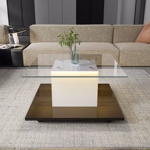 Tavolino da salotto moderno GL Store in vetro lucido con ruote girevoli, L/P/H: 80 x 80 x 40 cm, Bianco e nero
