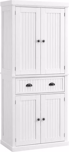 Credenza da cucina alta Aosom con 4 porte, ripiani regolabili e cassetto, Bianco, L 76,2 cm x P 40,2 cm x H 183 cm