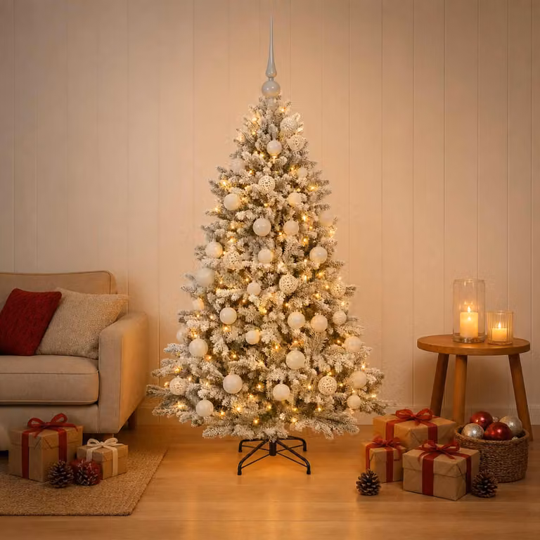 Albero di Natale artificiale vidaXL verde con 150 LED luce bianca calda e decorazioni, Altezza: 150 cm