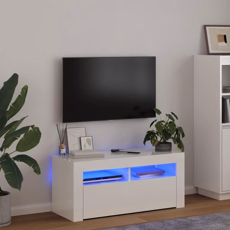 Mobile Porta TV Moderno vidaXL con Luci LED Integrate Bianco Lucido L: 90 cm, P: 35 cm, H: 40 cm