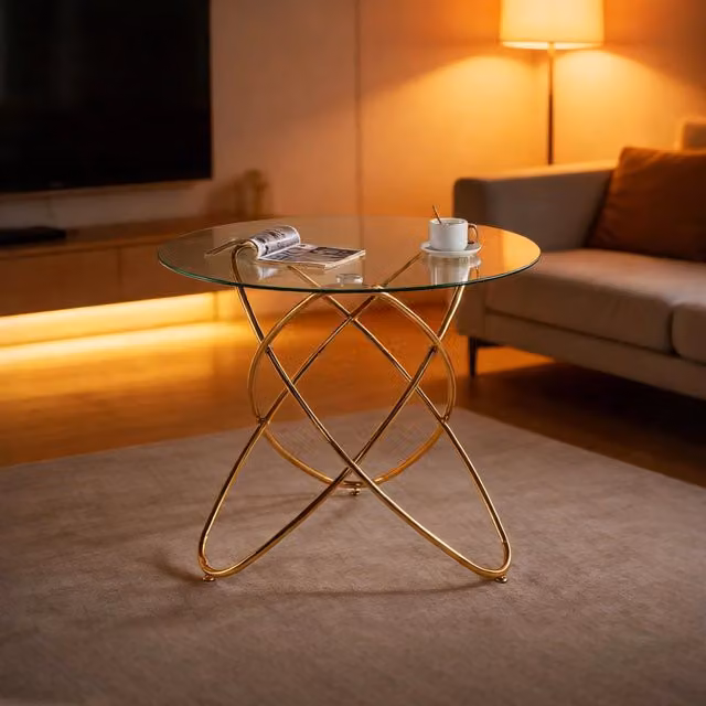 Tavolo da pranzo rotondo Mivray con piano in vetro lucido e struttura in metallo color oro per cucina e soggiorno