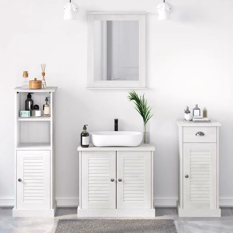 Set di mobili per il bagno moderno vidaXL in pino massello bianco con mobile lavabo e ante a cerniera L/P/H: 110 x 68 x 35,6 cm