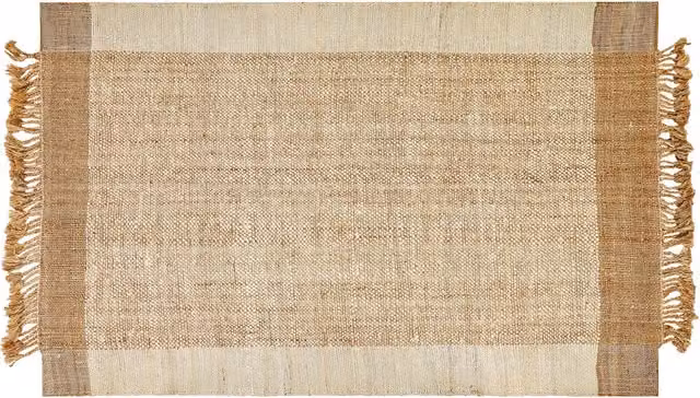 Tappeto Beliani in juta beige con nappe e motivo geometrico intrecciato a mano in stile bohémien, L: 230 cm, P: 160 cm