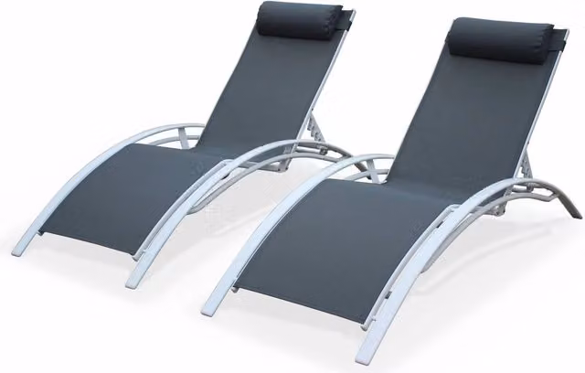 Set di 2 lettini prendisole Sweeek in alluminio verniciato e textilene grigio, multiposizione con poggiatesta regolabile