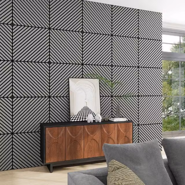 Set di 12 pannelli murali 3D fonoassorbenti NEU.HOLZ con listelli diagonali effetto legno, colore grigio chiaro, copertura 4,32 m², dimensioni: 60 x 60 cm
