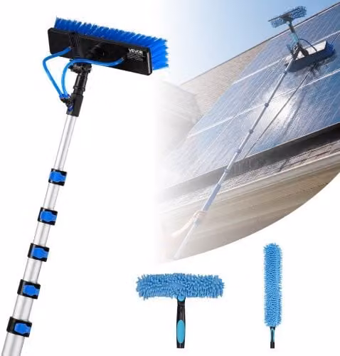 VEVOR Kit di Pulizia per Pannelli Fotovoltaici Blu con Asta Telescopica in Alluminio e Spazzola con Attacco Acqua e Testa Girevole a 180°