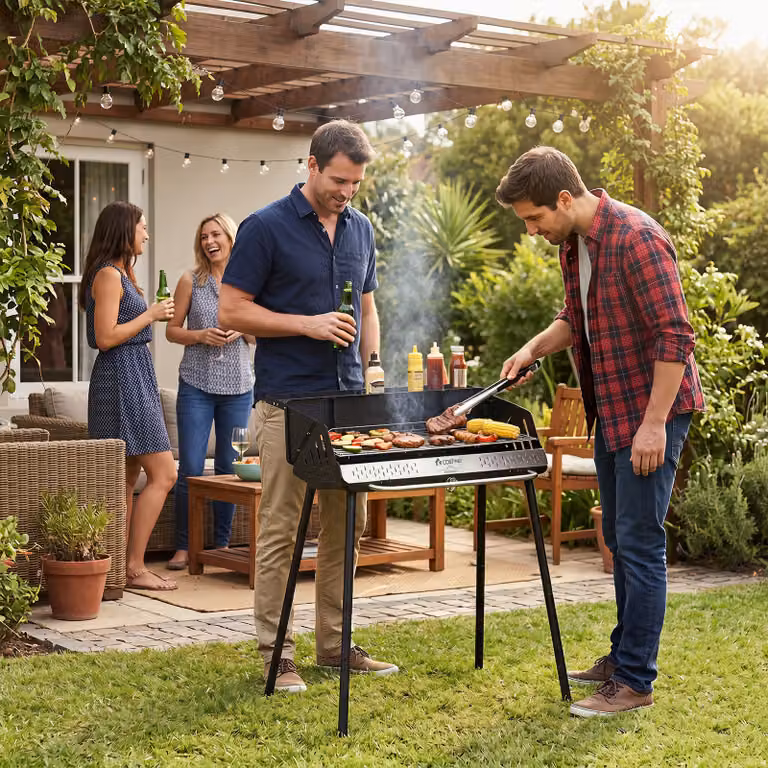 Barbecue a carbonella Costway nero con griglia regolabile in altezza, paravento laterali e gambe smontabili