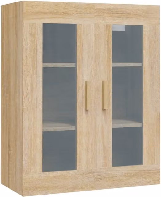 Mobile contenitore a parete moderno HELLOSHOP26 in legno composito rovere color beige e marrone con ante in vetro, L: 69,5 cm, P: 34 cm, H: 90 cm