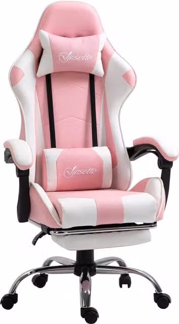 Sedia Gaming Ergonomica Reclinabile Aosom con Poggiatesta e Cuscino Lombare, Altezza Regolabile e Rotazione 360°, Rosa e Bianco