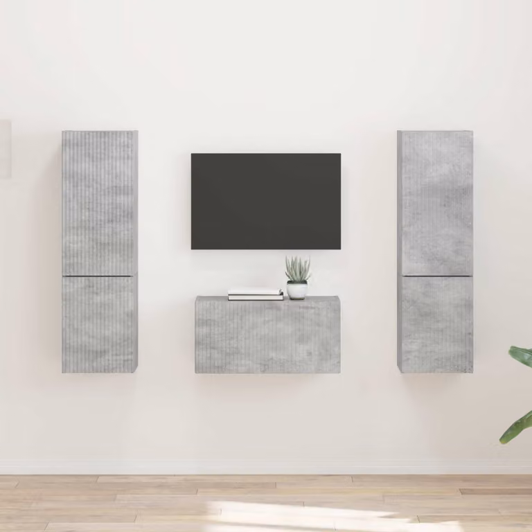 Set mobile TV moderno vidaXL in legno, Grigio, con 5 scomparti e passacavi, ideale per soggiorno o ufficio in casa