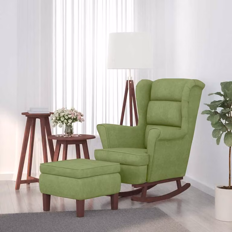 vidaXL Sedia a dondolo con schienale alto in velluto verde chiaro e pouf incluso
