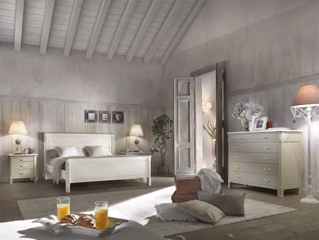 Set camera matrimoniale shabby chic in legno di pino e pioppo Mobili 2G bianco e grigio L: 183 cm, P: 214 cm, H: 110 cm