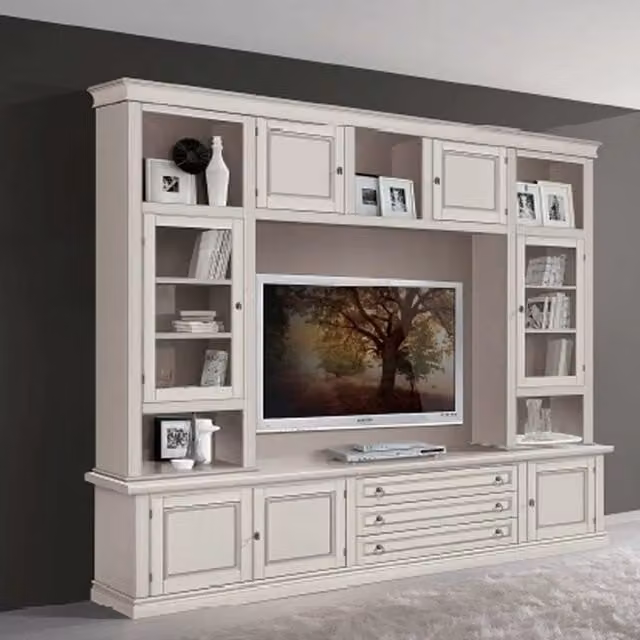Parete attrezzata in legno di pino stile shabby chic bianco avorio Mobili 2G L: 243 cm, P: 50 cm, H: 227 cm