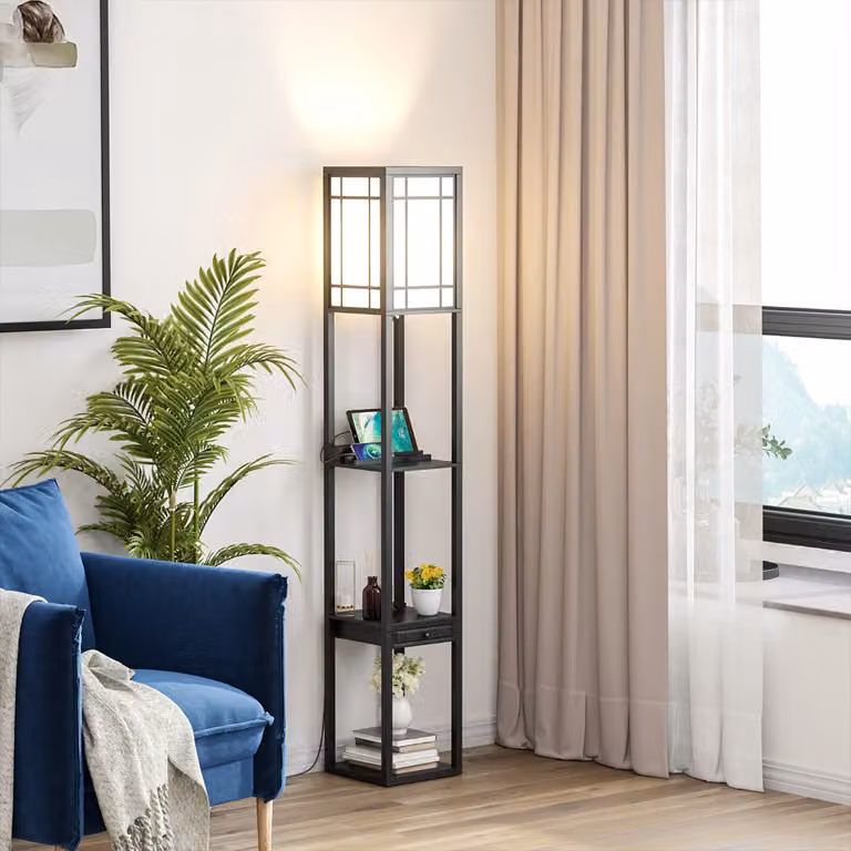 Lampada a piantana moderna Costway con ripiani, cassetto e 2 porte USB, colore nero