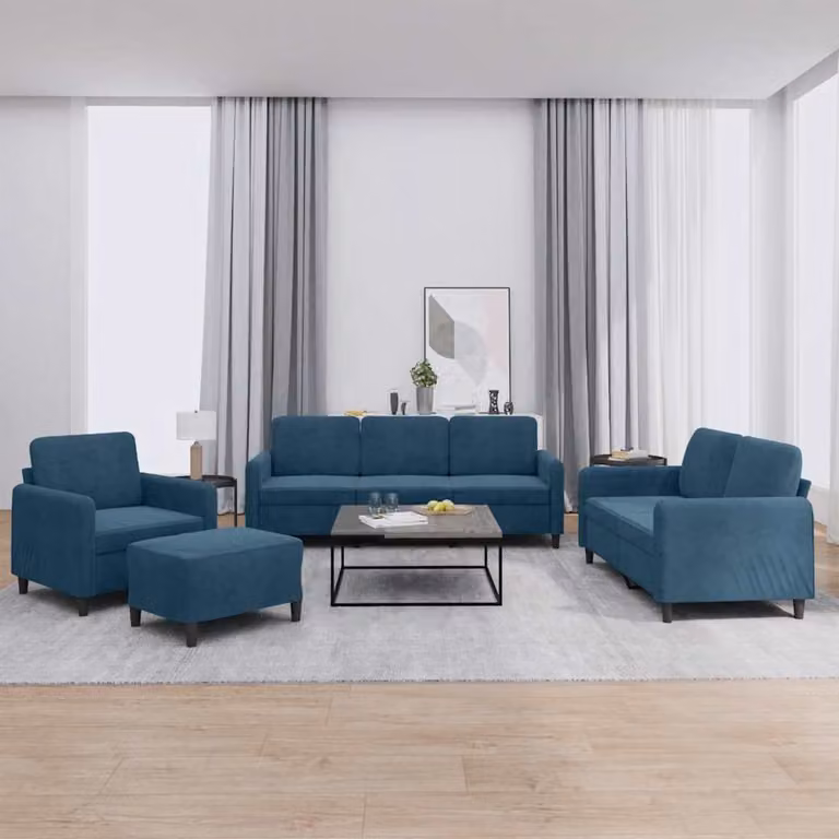 Set di divani vidaXL 4 pezzi in velluto blu con pouf e cuscini per soggiorno