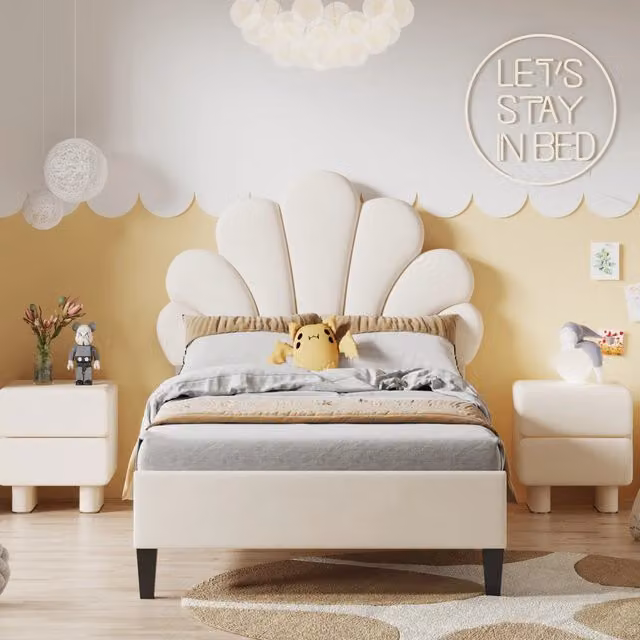 Letto Cipacho per bambini e adolescenti con testiera imbottita in velluto beige e struttura a lamelle a forma di fiore L/P/H: 206 x 90 x 110,5 cm