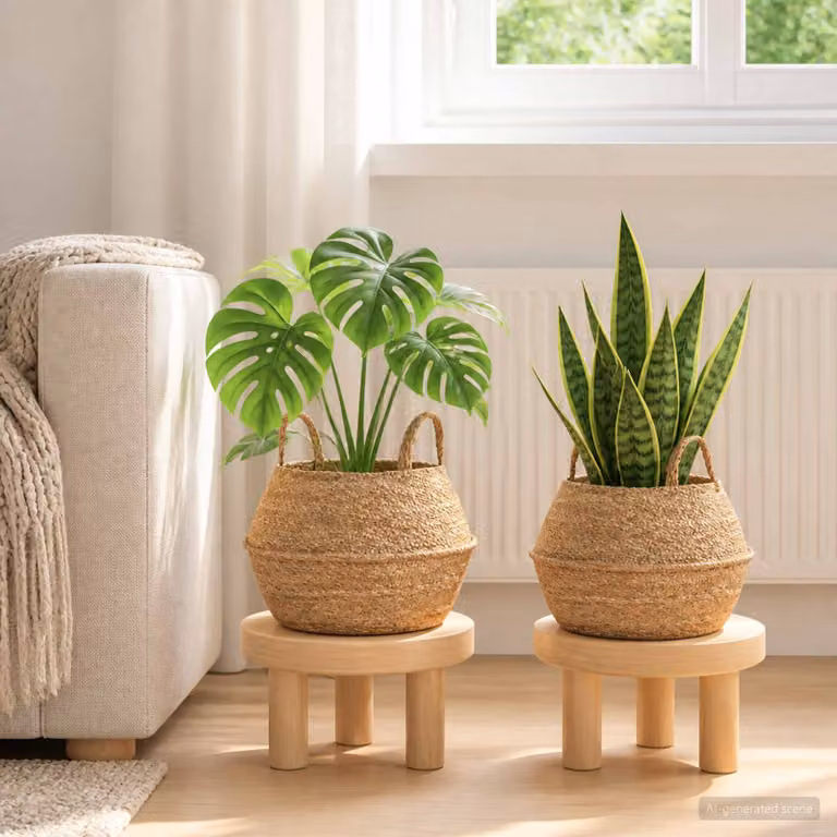 Set di 2 vasi da fiori con manici vidaXL in rattan, colore beige/marrone, Ø 32 x 32 cm