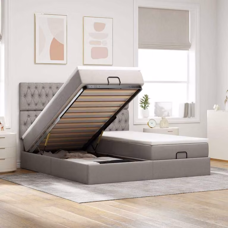 Letto con contenitore e materasso vidaXL in tessuto beige e grigio, con base a sollevamento, illuminazione sottostante e porte USB, L/P/H: 180 x 200 x 203 cm