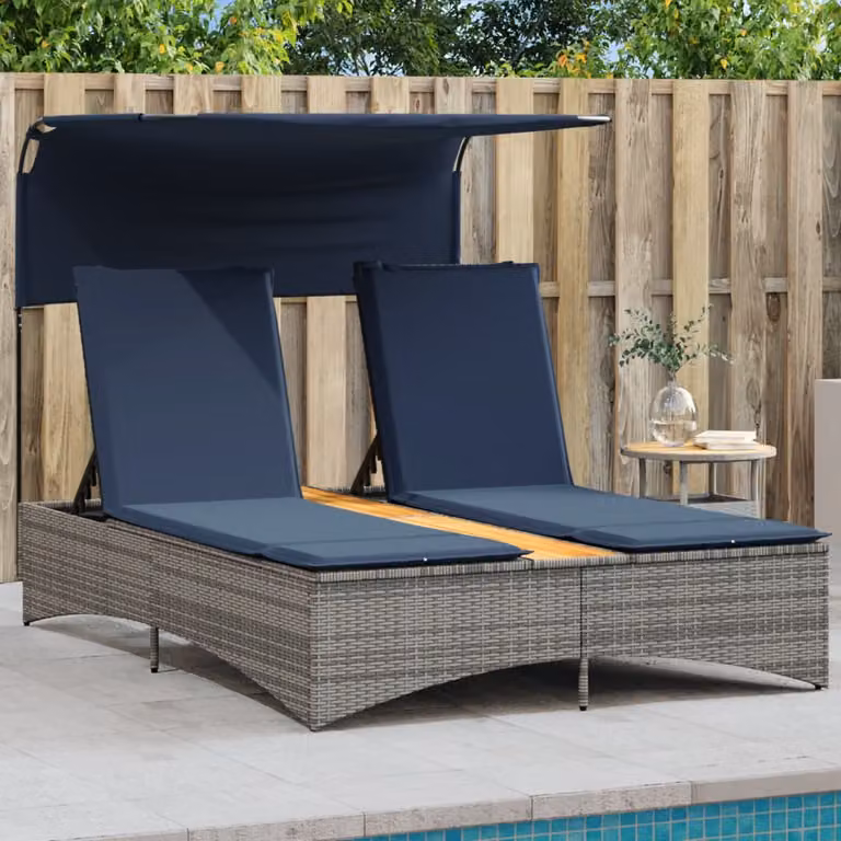 vidaXL Lettino prendisole doppio con baldacchino e cuscini in polyrattan grigio e blu