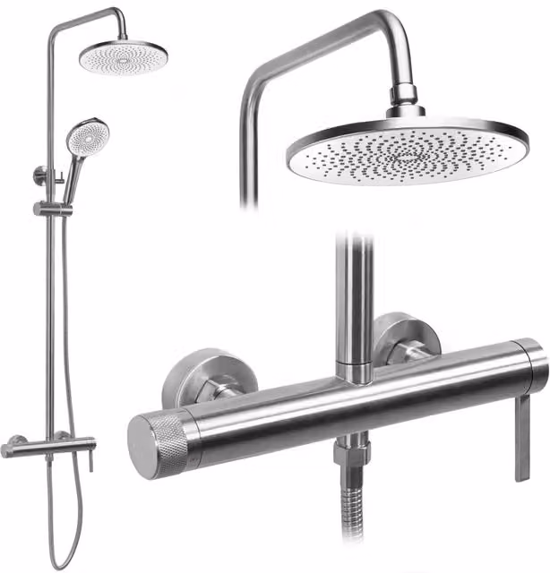 Set Doccia Rea con Colonna Rigida e Doccino in Ottone, Finitura Nickel Spazzolato Argento