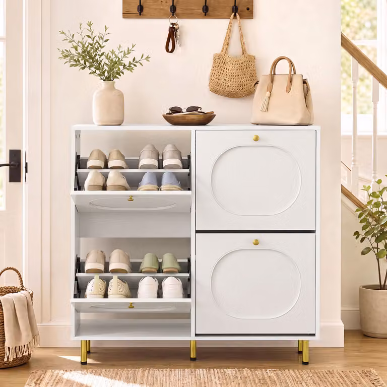 Scarpiera slim Costway con 4 ante a ribalta e ripiani interni, mobiletto salvaspazio in legno e metallo Bianco