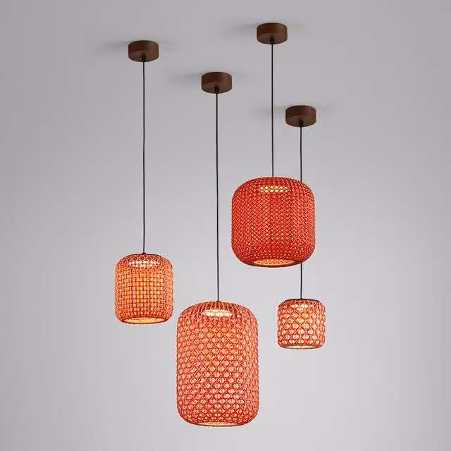 Lampada a sospensione da esterno Bover Nans in rattan beige e rosso con tecnologia LED dimmabile