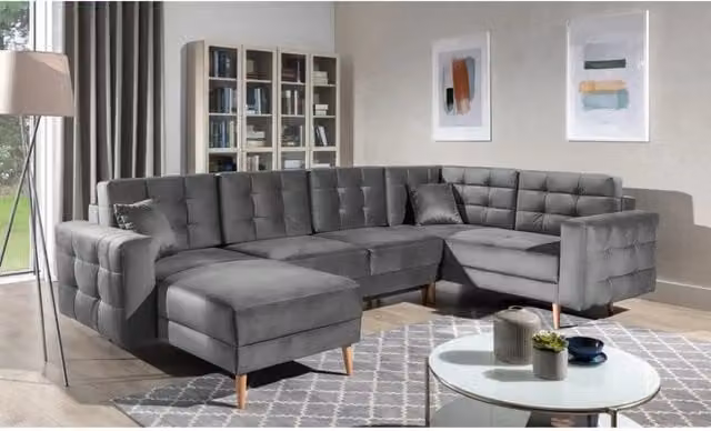 Divano angolare panoramico convertibile U HASGARD MEUBLORAMA in velluto grigio con contenitore e funzione letto, L: 326 cm