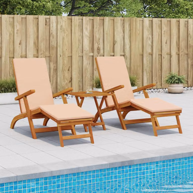 Set di 3 lettini prendisole vidaXL reclinabili e pieghevoli in legno di acacia beige e marrone