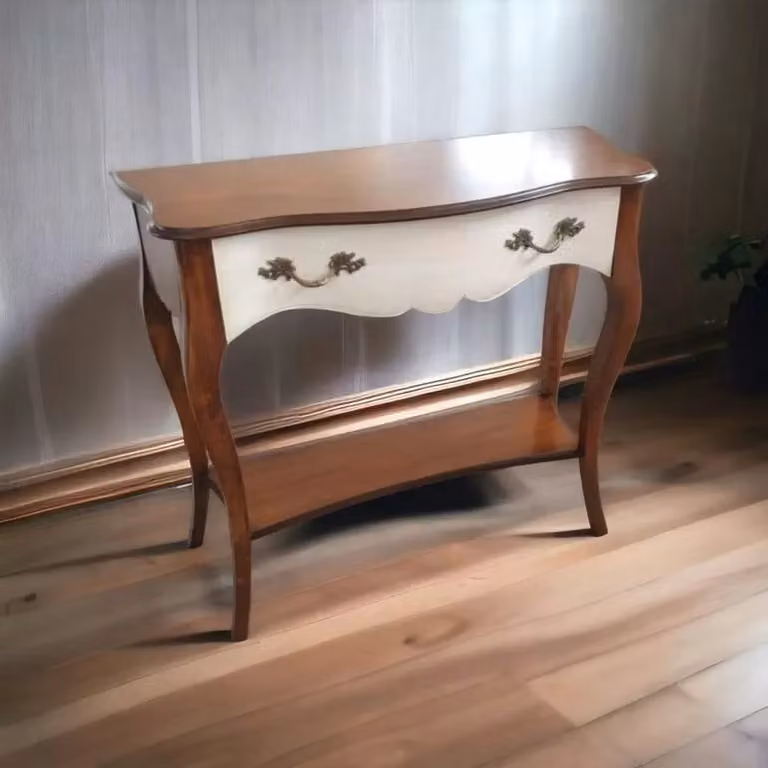 Consolle in legno stile shabby chic con 1 cassetto Mobili 2G bianco antico e noce L 100 cm, P 40 cm, H 87 cm