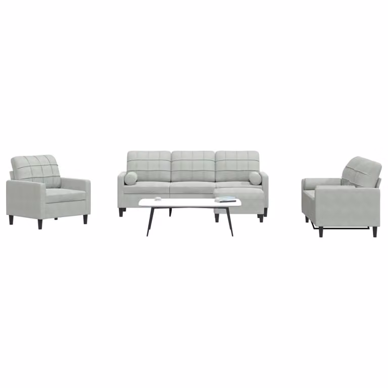 Set di divani moderno vidaXL in velluto grigio composto da 3 pezzi con pouf e cuscini decorativi