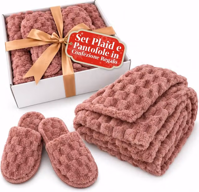 Set Coperta Plaid e Pantofole Saint Joy in Pile Soffice, Disponibile in 4 Colori: Beige, Rosa, Bianco, Grigio, L/P: 130 x 160 cm
