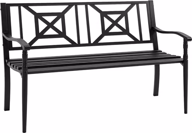 Panchina da giardino Aosom in acciaio nero per 2 persone con schienale alto e braccioli L: 128 cm, P: 62.5 cm, H: 81.5 cm