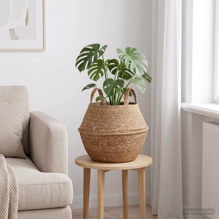 Vaso da fiori con manici vidaXL in rattan naturale, colore beige/marrone, Ø 32 cm