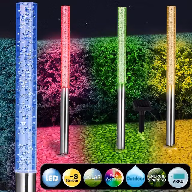 Set di 4 luci solari LED Monzana per giardino con effetto multicolore RGB, finitura argento e sensore crepuscolare, protezione IP44