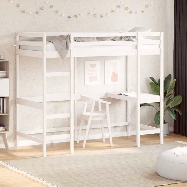 Letto Soppalco con Scrivania vidaXL in Legno di Pino Massello Bianco L/P/H: 205.5 x 90 x 175 cm