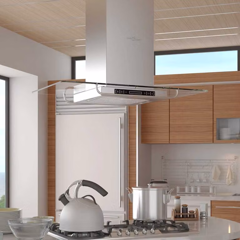 Cappa da cucina a isola vidaXL in acciaio inossidabile e vetro, colore silver, con display LCD e aspirazione a carboni attivi, L/P/H: 106 x 90 x 54 cm