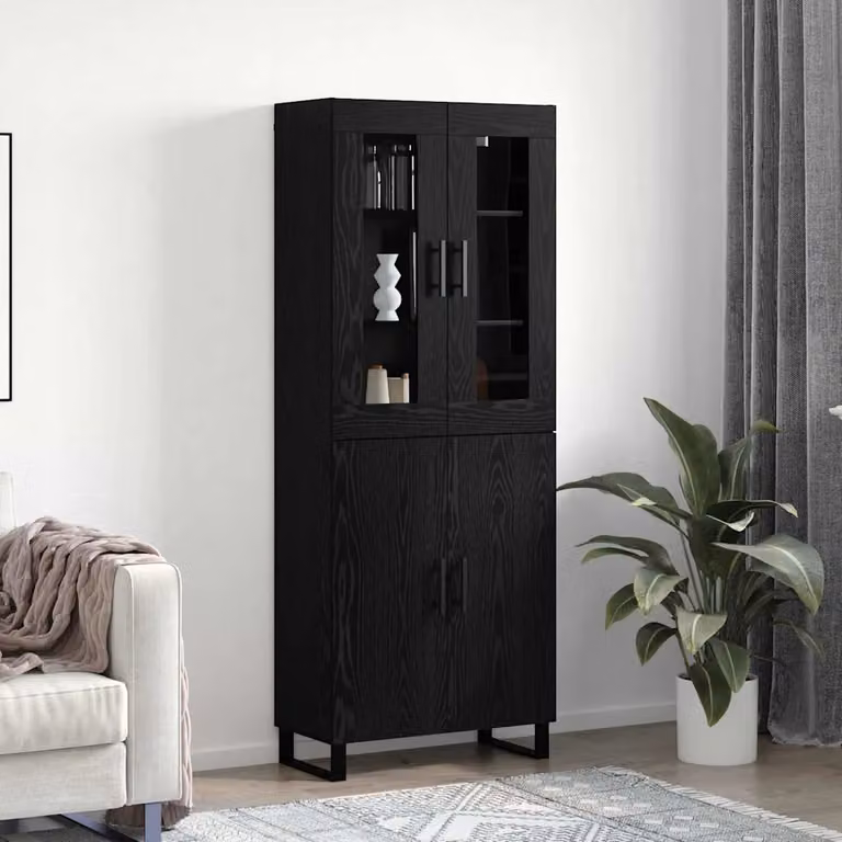 Set di 2 credenze moderne vidaXL in rovere nero con dettagli in legno, vetro e metallo, L/P/H: 69,5 x 34 x 180 cm