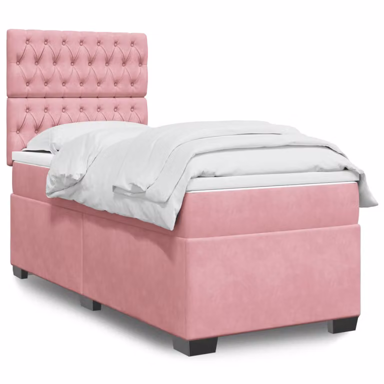vidaXL Giroletto a Molle con Materasso Ibrido in Velluto Rosa e Bianco, L/P/H: 90 x 200 cm