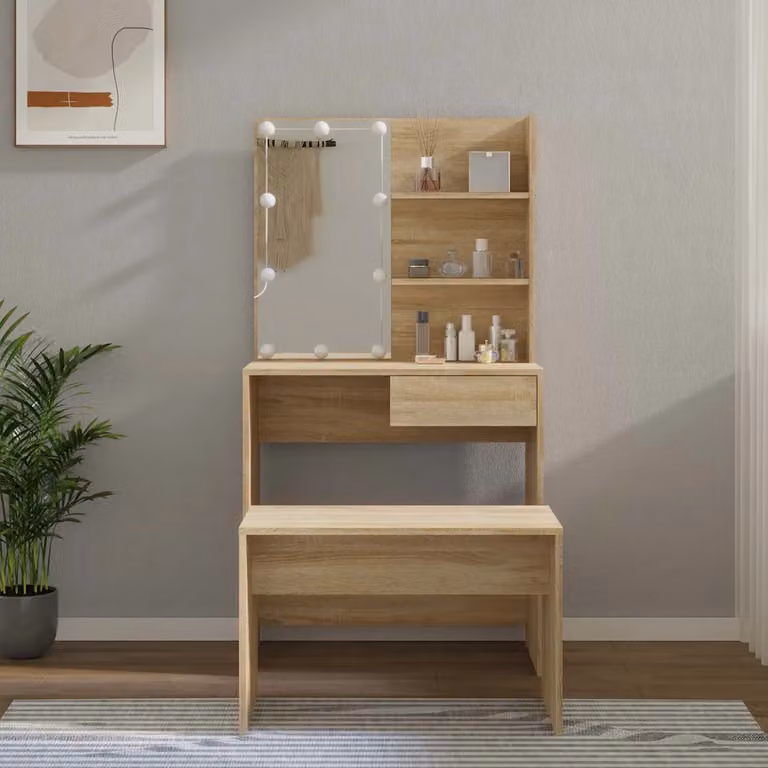 Set Tavolo da Toeletta con LED vidaXL in Rovere Sonoma e Legno Multistrato, Marrone